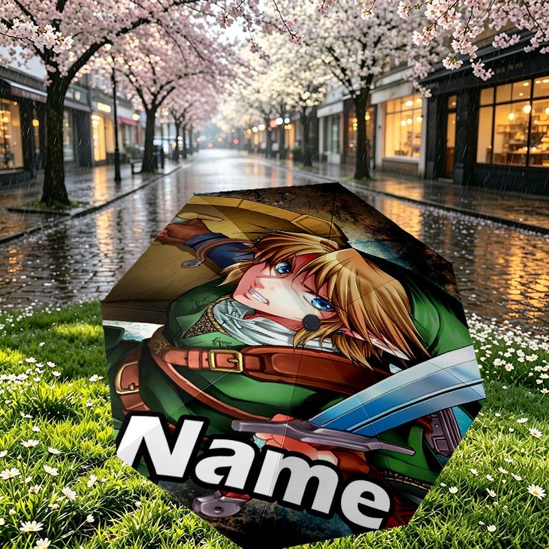 Custom Name Personalized The Legend of Zelda Print Umbrella, Auto Open Close, 8‑Rib Sturdy Frame, Commute Camping Hiking Use, Birthday Gift