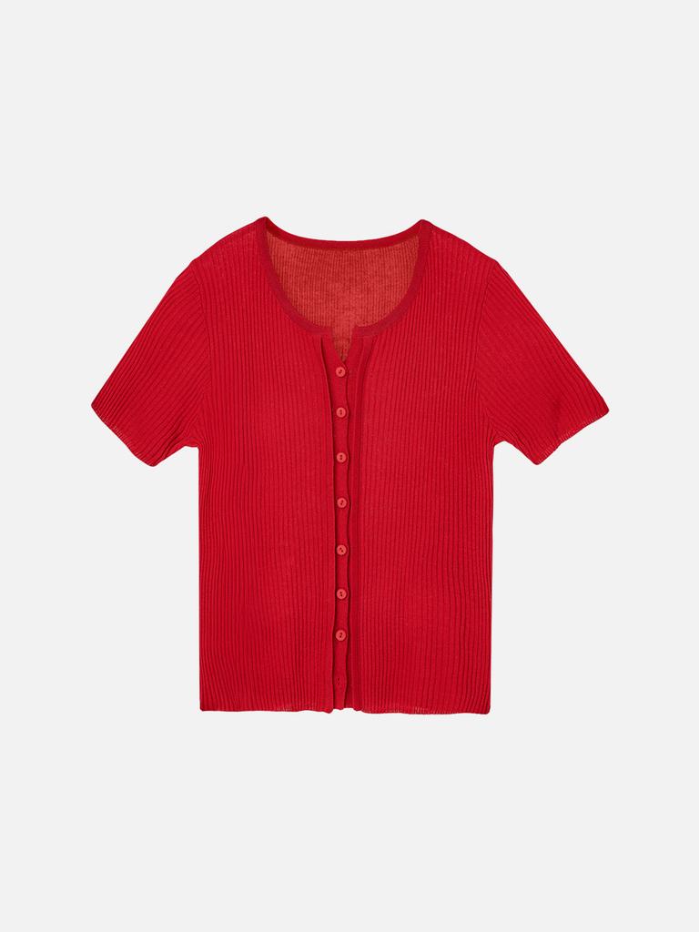 Biolses Linen Ribbed Short-Sleeve Knit Cardigan_Red