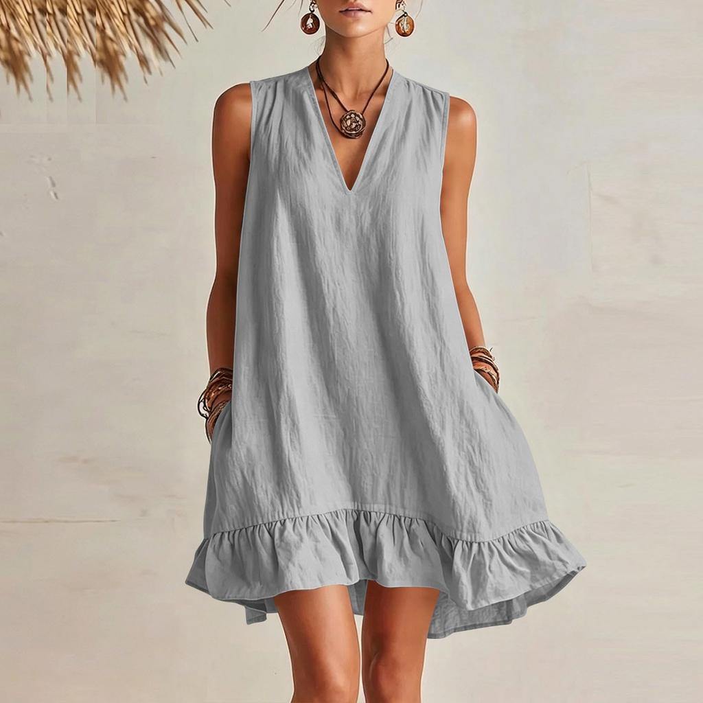 Damen V-Ausschnitt Ärmellos Rüschensaum Locker Sitzendes Kleid mit Taschen Sommerlich Lässig Leicht Einfarbiges Tunika-Kleid für den täglichen Gebrauch