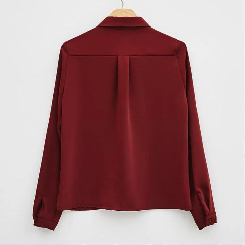 Korejské Jaro Podzim Dámské Nové Patchworkové Polo Límec Knoflík Kapsa Módní Jednobarevné Ležérní Volné S Dlouhým Rukávem Halenky Košile