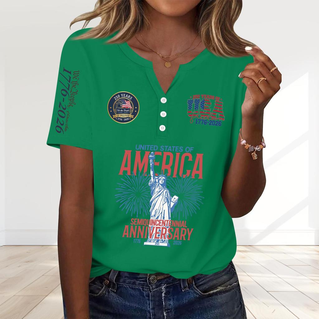 Women's Fashion Casual 250th Anniversary Independence Day Print V-Neck Short Sleeve Decorated Button-Up T-Shirt