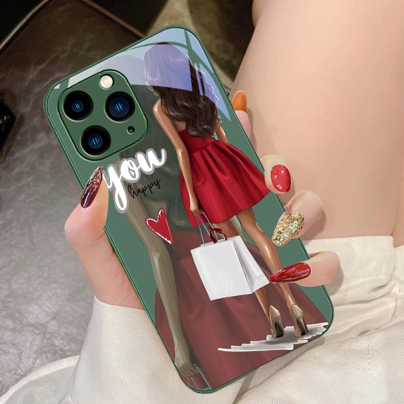 Shopping Cartoon Girl For IPhone 15 Pro 14 13 12 Mini 11 XS Max XR 7 8 Plu SE 2020 2022 Tempered Glass Phone Case