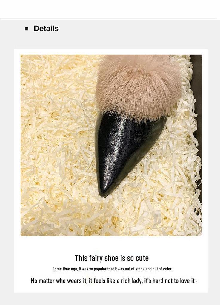 2024 Autumn Women's Closed-Toe Pointed Mules: Comfortable, Flat Heel, Non-Slip Fluffy Slippers for Outdoor Wear