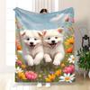 Cute White Puppy Floral Meadow Print Flannel Blanket Soft Lightweight Throw Blanket for Sofa Bed Couch All Season Cozy Blanket