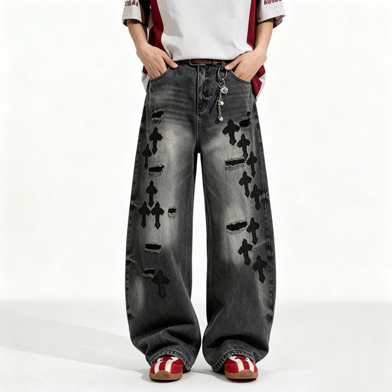 Mens Distressed Wide-Leg Straight Cut Denim Jeans With Gradient Charcoal Wash Raw Edge Holes
