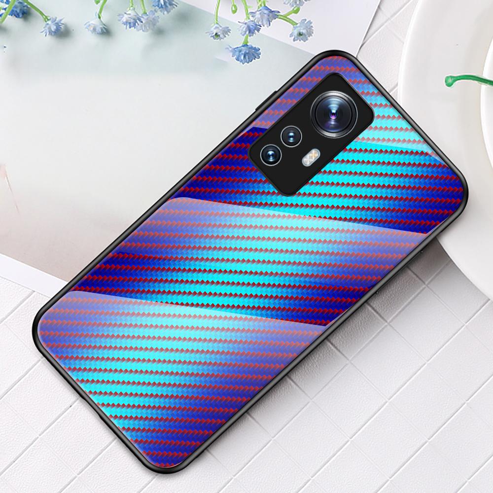

For Xiaomi 12 5G/12X 5G/12S 5G Scratch-Resistant Carbon Fiber Texture Tempered Glass+PC Protective Cover Soft TPU Frame Shock Absorption Phone Case Blue Fiber
