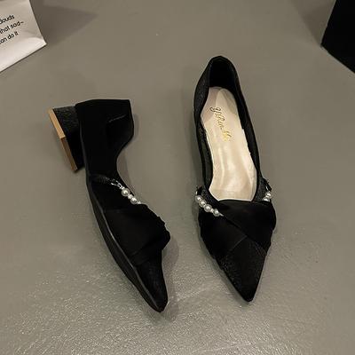 Mode Comemore Bouche Peu Profonde Perle Mode Chaussures pour Femmes Printemps Été Nouveaux Escarpins à Talons Bas Épais pour Femmes Chaussures Simples Pointues Décontractées