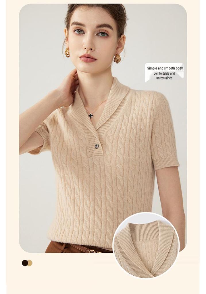 Kochi Women's V-Neck Plaid Knit Short-Sleeve Top - 2026 Summer Collection, High-End Casual Style with Lapel