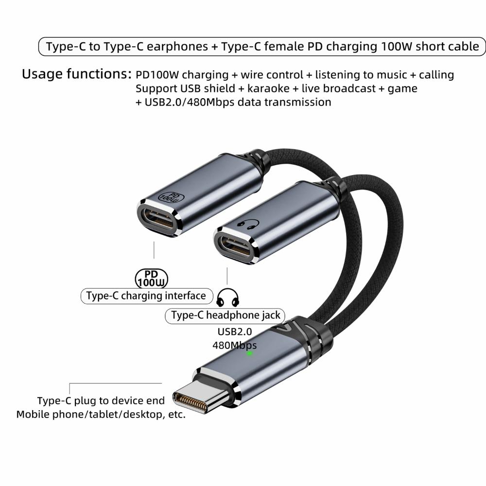 PD 100W Type C Splitter Audio Cable 2 In 1 Design 2-in-1 Headphone Adapter Cable Headphone Use