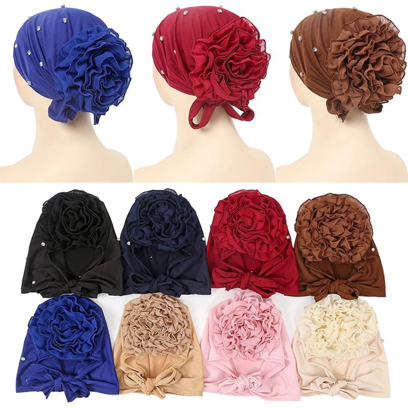 1Pc Women Elasticity Turban Hat Headwear Muslim Fashion Nail Drill Chiffon Hat Pullover Cap
