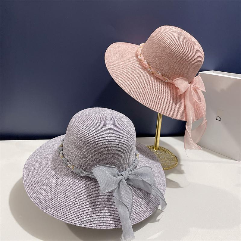 Summer 2022 New French Lace Ribbon with Large Brim Beach Hat For Seaside Travel Straw Hat Hepburn Style Top Hat Sun Block Hat