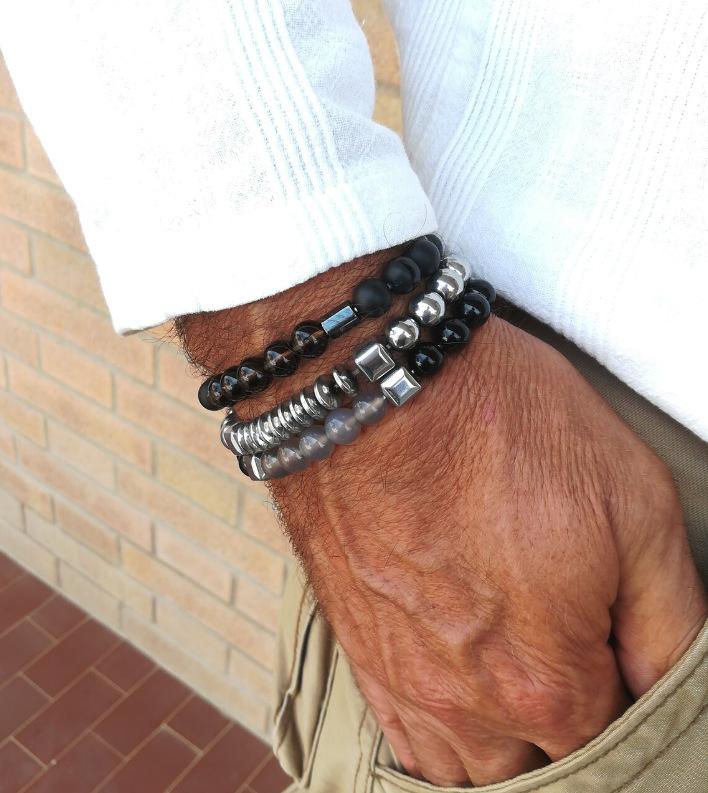 New Men's Beaded Bracelet Set, Map Stone Black Gallstone Cross Bracelet Elastic Bracelet Combination