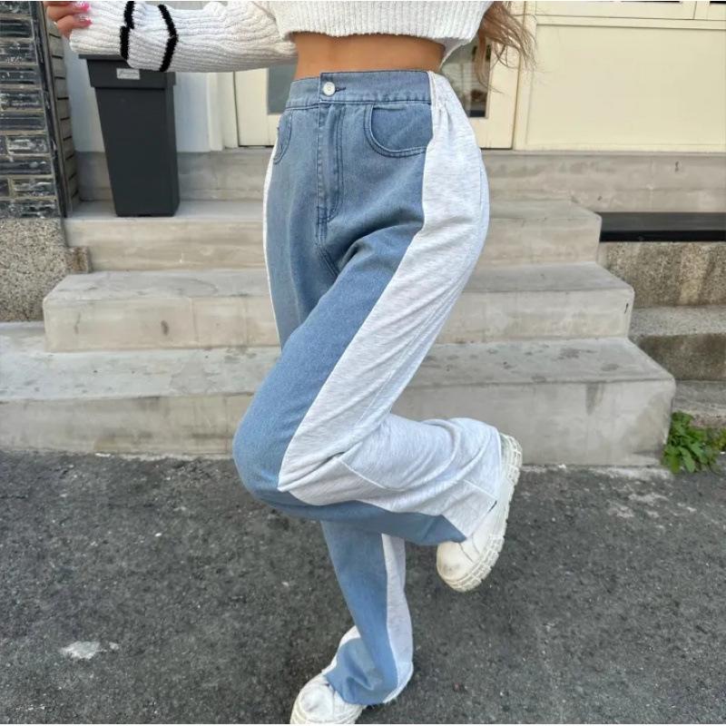 Korean Style Patchwork High-Waisted Wide-Leg Casual Jeans for Autumn S синий