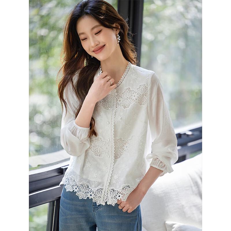 Women's French Lace Hollow Long Sleeve White Shirt