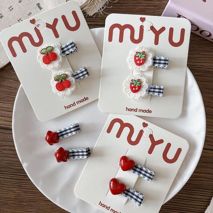 2pcs Korean Style Red Black Plaid Hairpins Strawberry Cherry Embroidery BB Clip Children's Hair Clip Bangs Clip Hair Accessories