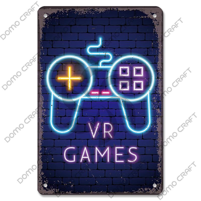 Poster Neon pentru jocuri video Placă metalică Gamer Play Win Game Zone Semne de tablă din metal Decor de perete retro Sala de jocuri Bar Pub Peștera omului