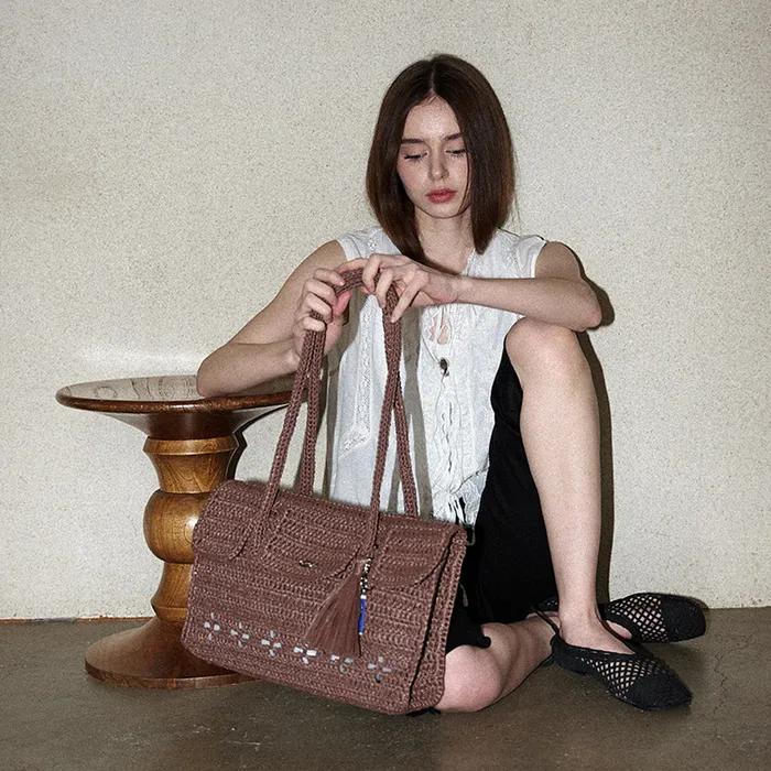 Lily Handmade Crochet Raffia Er Shoulder Bag (+gift tassel keyring) _ Brown