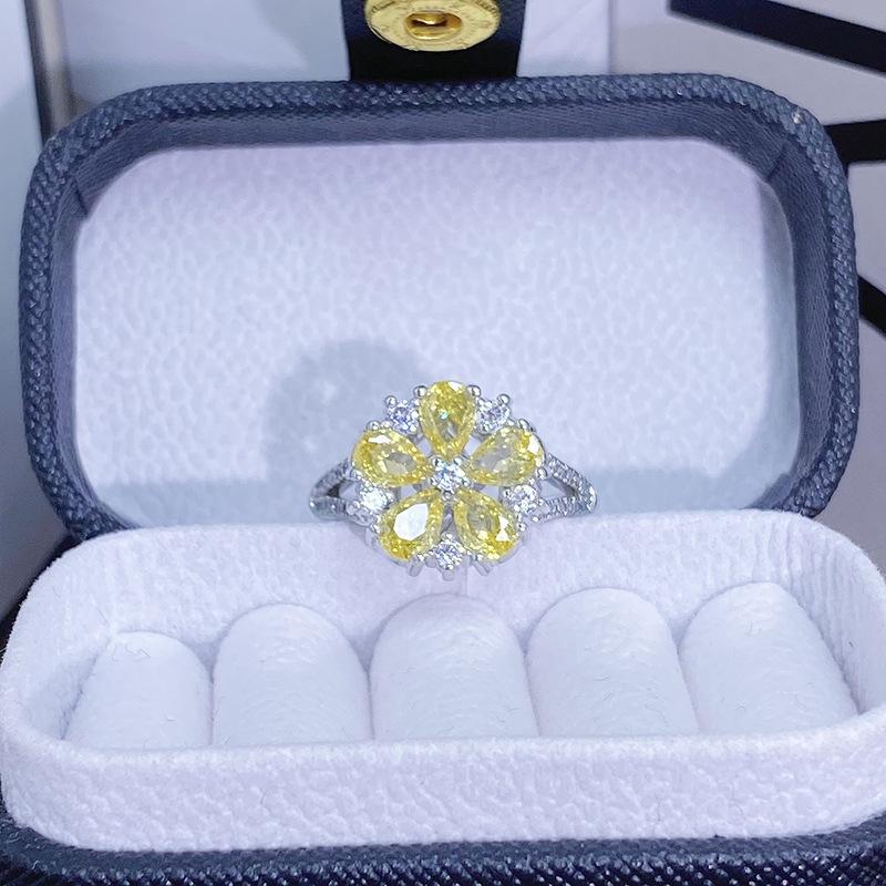 Leichter Luxus Farbe Schatz Super Fee Gelb Zir*****Stift Ring Nische Hoher Sinn Persönlichkeit Blume Liebe Französischer Ring Frau