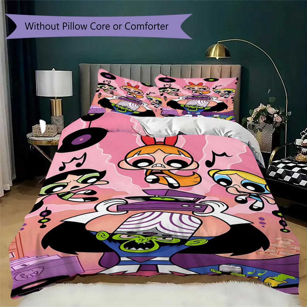 Powerpuff Girls Cartoon Prints beddengoed, dekbedovertrek en kussenslopen, verjaardagscadeau (1 dekbedovertrek + 2 kussenslopen, kussenvulling niet inbegrepen)JM007