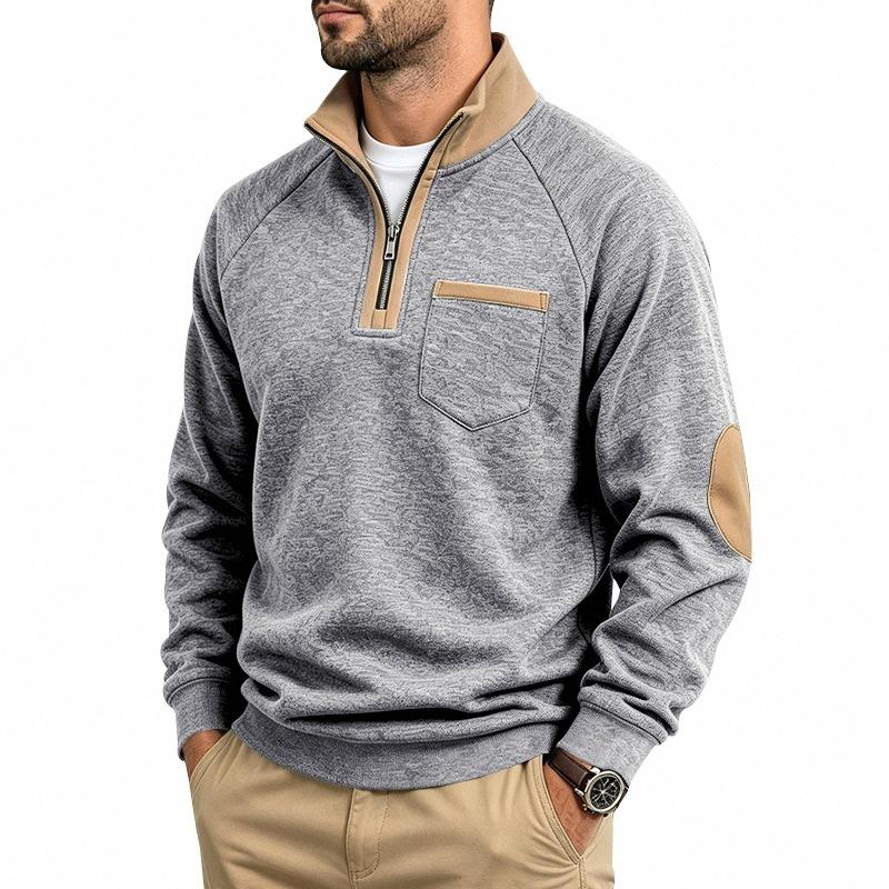 Men S Casual Loose Fleece Stand Collar Color Block Long Sleeve Sweatshirt