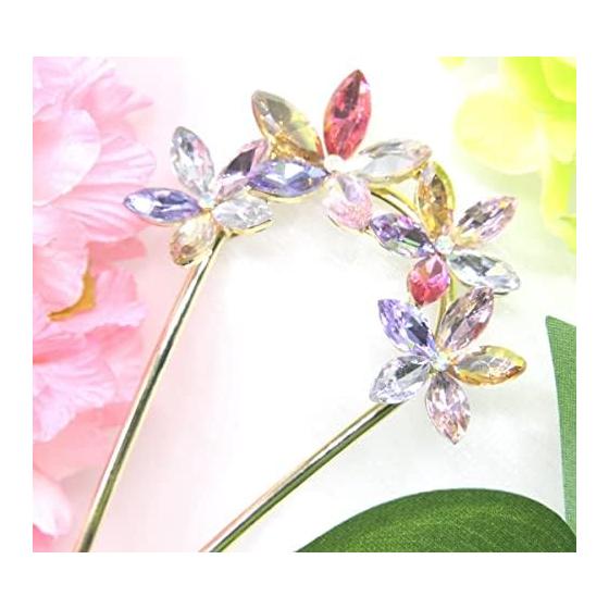 Miaomyao U-Shaped Hairpin for Japanese Kimono and Yukata, Metal Antique Hair Accessory with Cherry Blossom Flower and Zirconia, Multi-color,