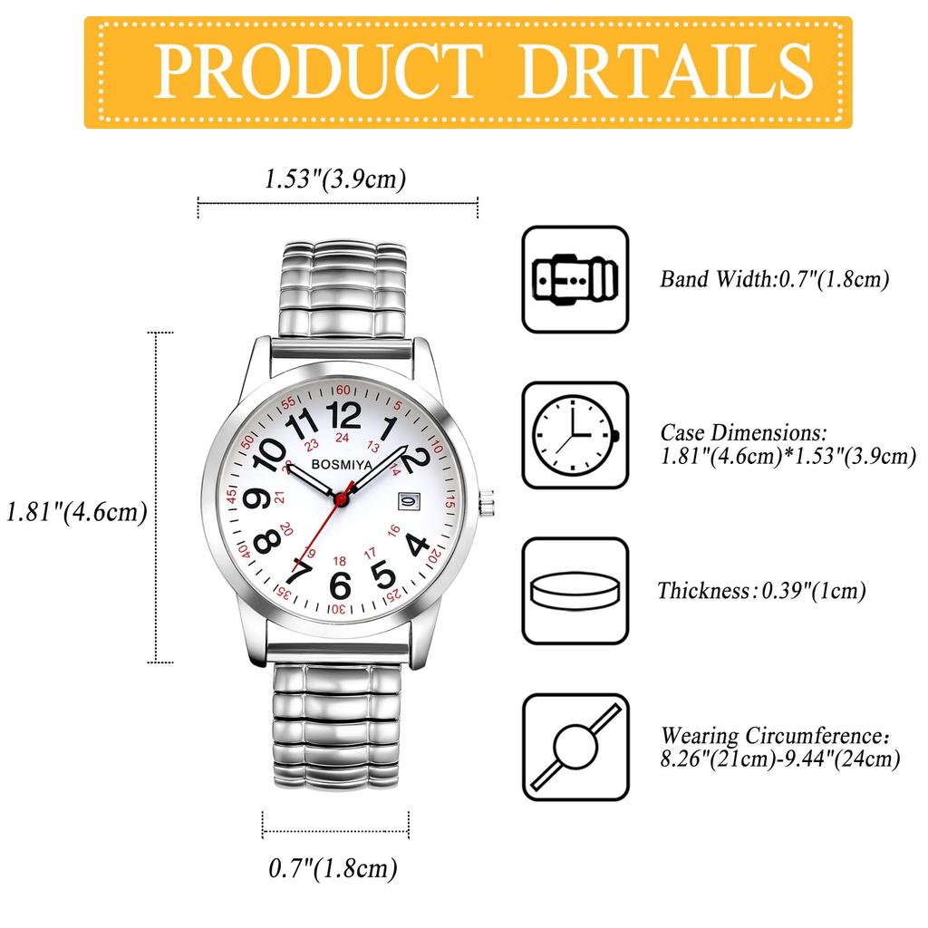 Herren 24-Stunden Wasserdichte Quarz-Armbanduhr mit Elastischem Armband, Edelstahl Analoganzeige, Kalender, Leicht Ablesbares Großes Display, Einheitsgröße Passt für die Meisten -