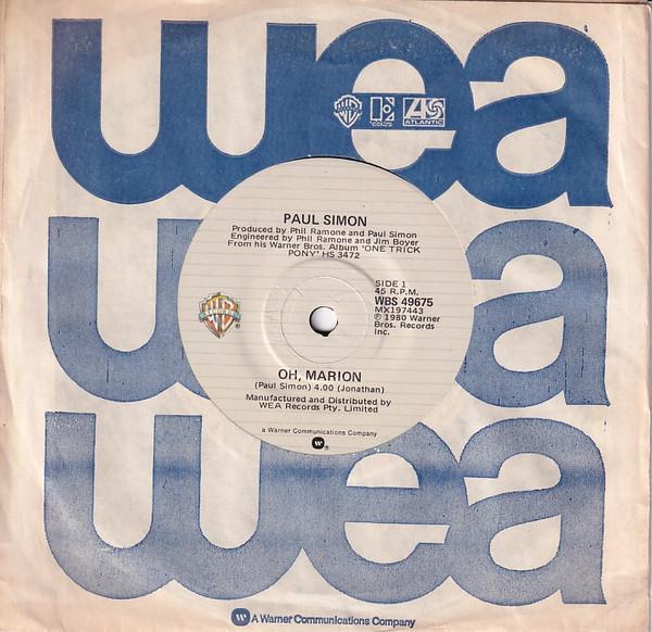 7inch Record PAUL SIMON - Oh, Marion WBS49675 Warner Bros. Re 198 Australia Country/Folk Used