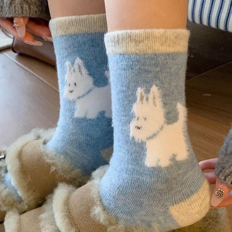 1/5pairs Women Plush Dog Warm Cotton Socks Kawaii Sweet Plush Thickened Thermal Warm Mid-tube Stockings Floor Sleep Sock