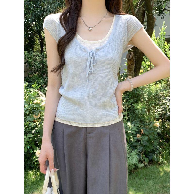 Kumikumi Sweet Style Contrast Color Patchwork Short sleeve knit Women Summer Age-Reducing Chic Lace-up Fake Two Pieces Top