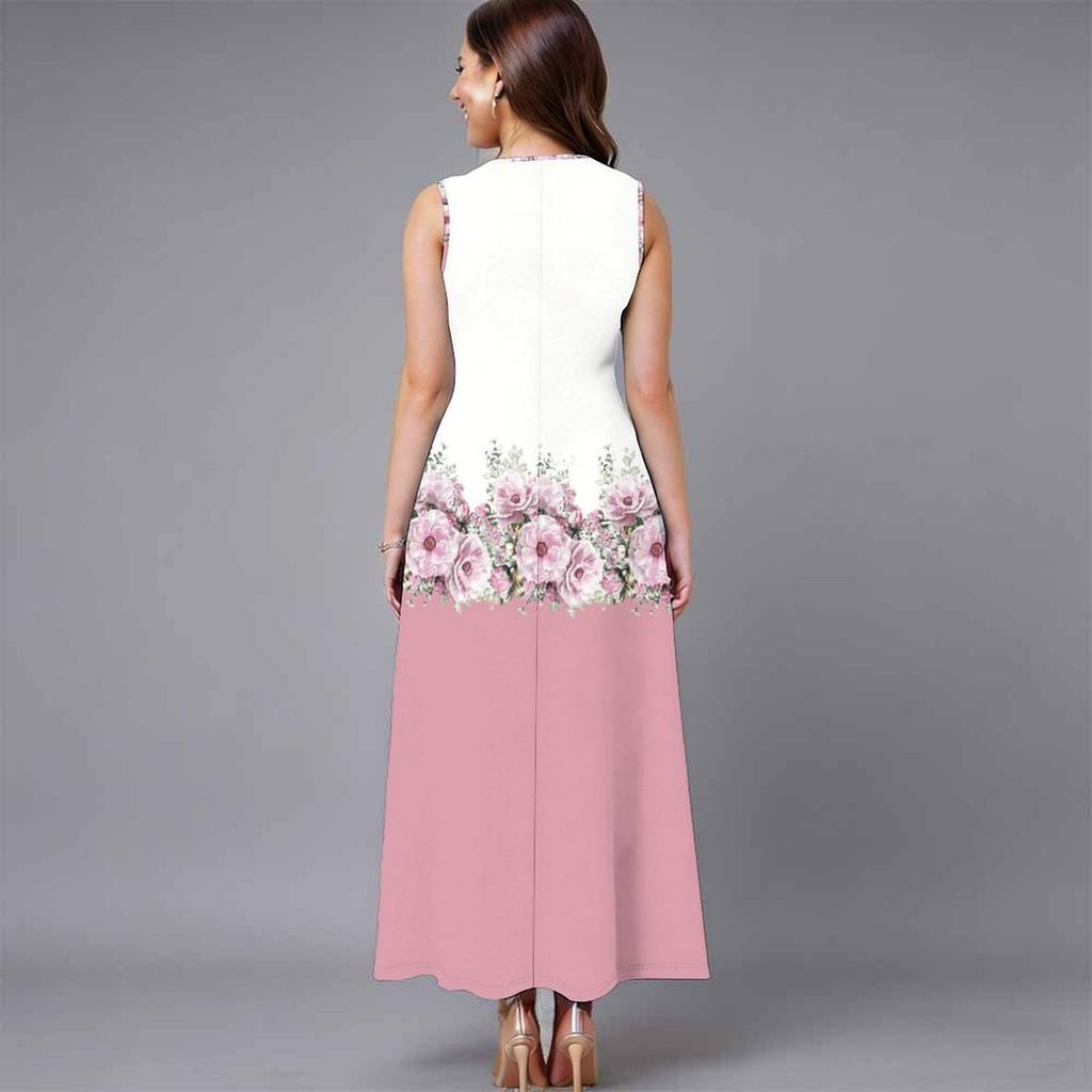 Women Plus Size Sleeveless Round Neck Dress Big Floral Printed Loose Flowy Mid Calf Dress
