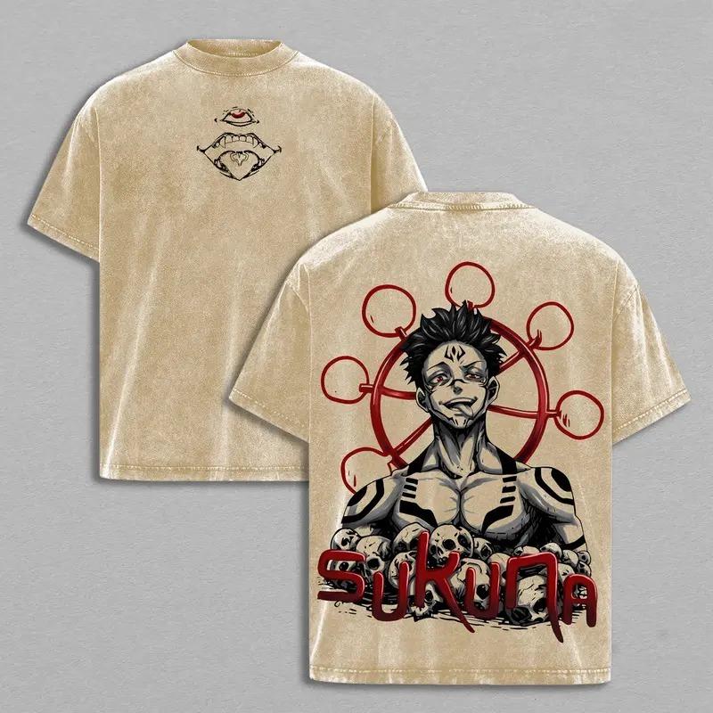 Manga Jujutsu Kaisen Ryomen Sukuna Printed Tee Men Loose Clothing Washed Cotton T-shirt Vintage Casual T Shirt Harajuku Tshirt