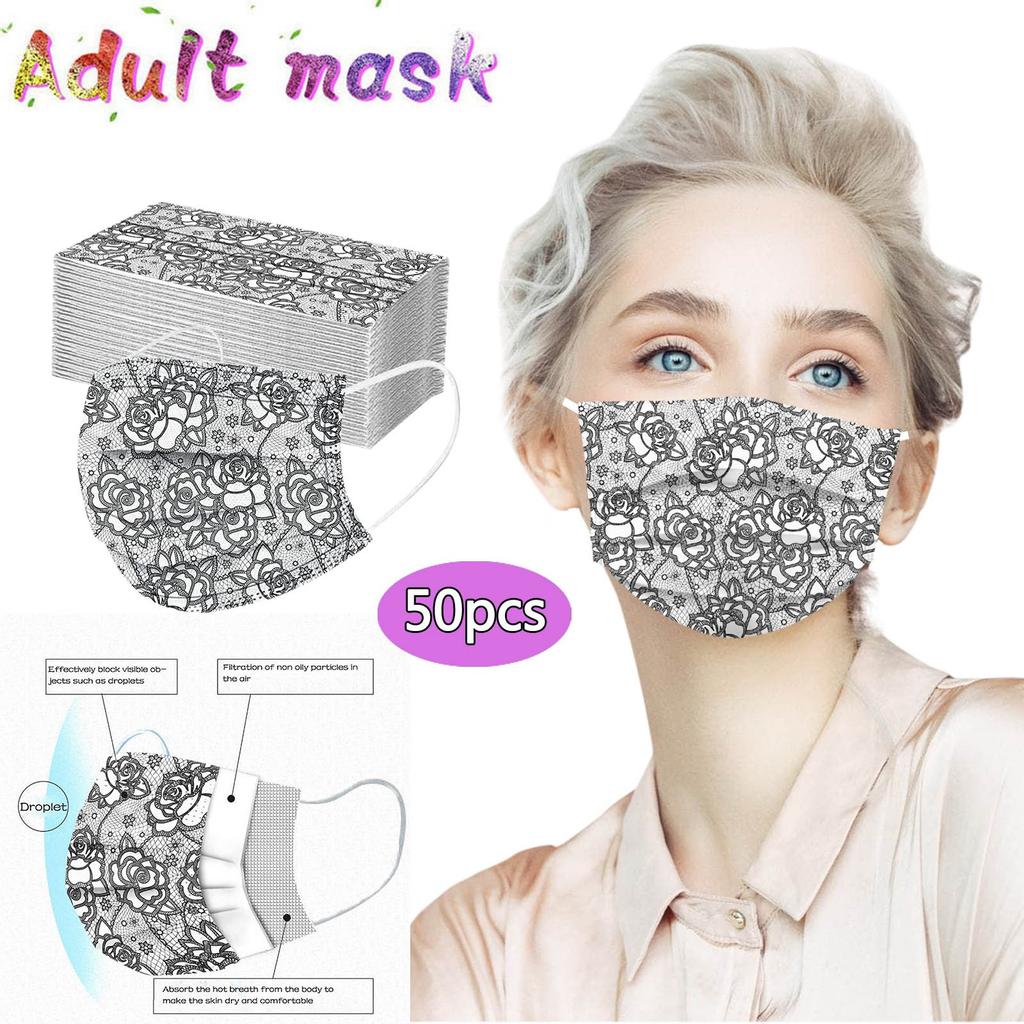 50PCS Adult Lace Mask Disposable Face Mask 3Ply Ear Loop Anti-PM2.5