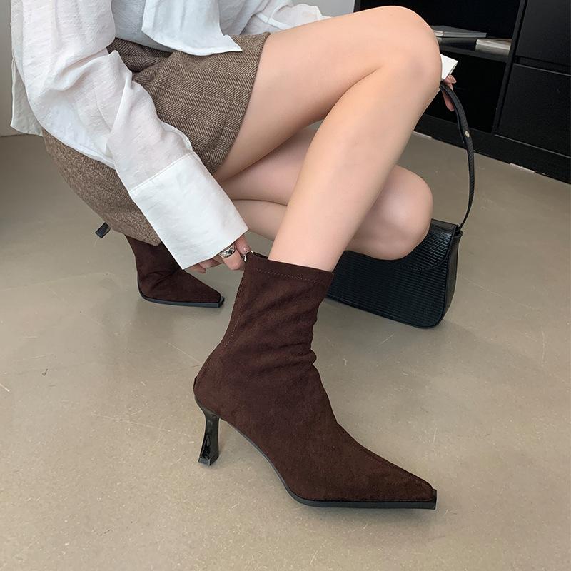 2025 Autumn and Winter New Pointed Thin Heel Sexy Short Boots Women's Black Suede High Heel Rear Zipper Elastic Thin Boots Women
