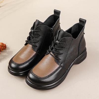 2025 Genuine Cow Leather Boots Women's Fur Lined Oxfords Shoes Woman Winter Lace Up Short Plush Ankle Boots Waterproof Snow Shoe
