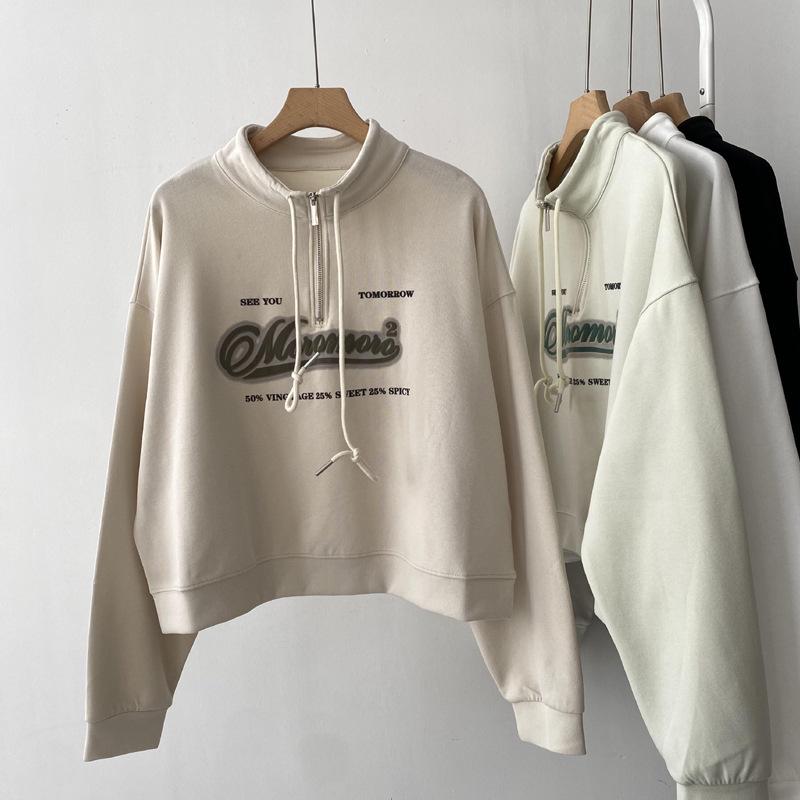 European Style Stand Collar High Waist Sweatshirt for Women - Plus Size, Slimming, Loose Fit, Short Top for Spring & Autumn 2025
