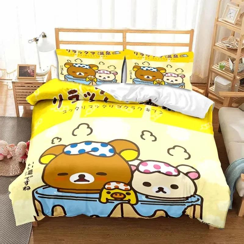 3dCartoon Rilakkuma Ayı Yatak Takımı Yorgan Kılıfı Yatak Takımı Yorgan Kılıfı Yastık Kılıfı Yorgan King Queen Boy Erkek Çocuk Yetişkin Yatak Takımı