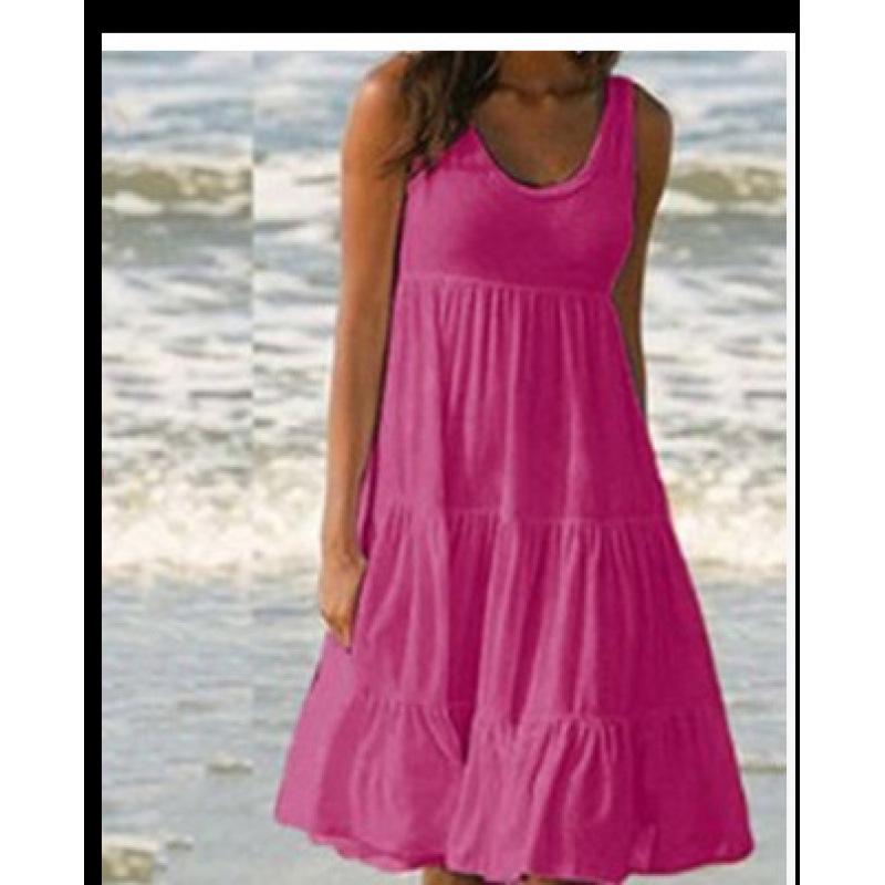 Women's Beach Dress: Sleeveless, Round Neck, Patchwork, Wide Hem, 7 Colors, 8 Sizes
