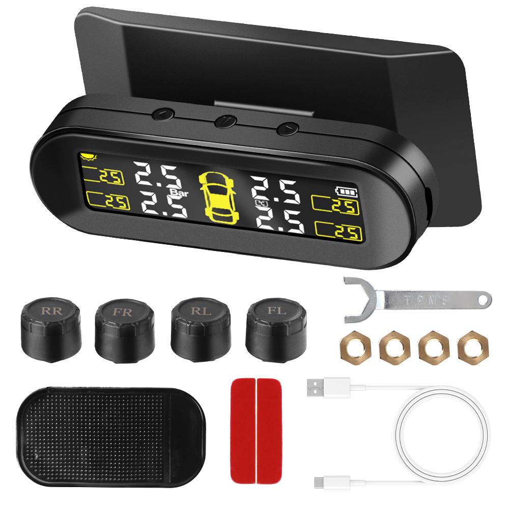 Tire Pressure Monitoring System 4 External Sensors Rotating Holder USB Solar TPMS Car Tyre Pressure Monitor Tyre Pressure Alarm
