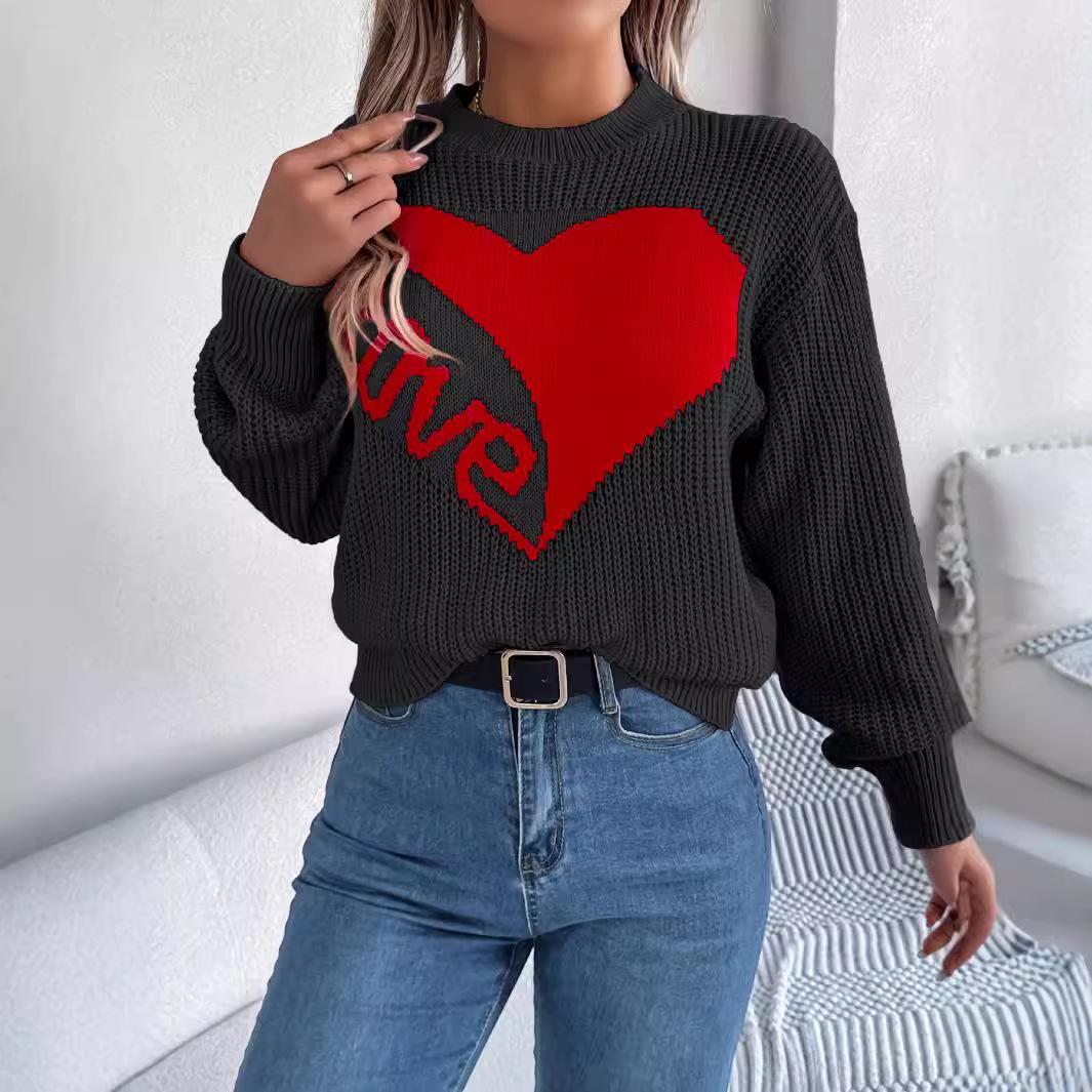 

GMXIA Autumn and Winter Casual Valentine s Day Color-blocking Heart LOVE Long-sleeved Pullover Sweater Women s Wear XL чёрный
