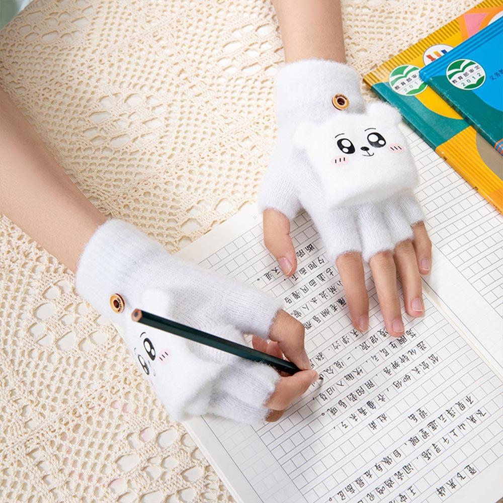 Half Finger Flip Cover Student Mittens Thick Plush Riding/Writing Gloves Knit Gloves 3-12Years