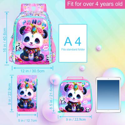 3-teiliger Mädchenrucksack, 16" Kinder-Schulranzen mit Brotdose?Panda Schulrucksäcke für Grundschule Vorschule Kindergarten (Rosa)