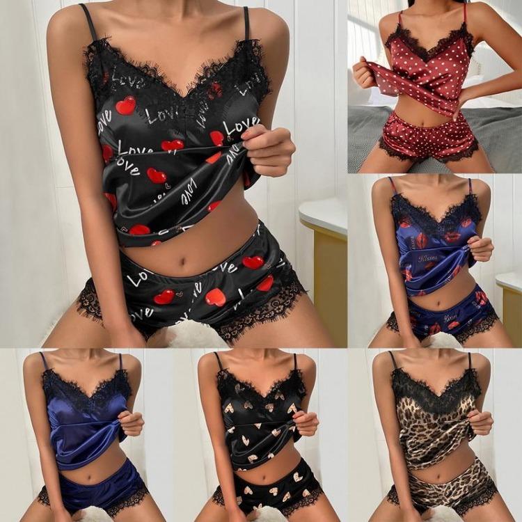 Women Casual Sleepwear Set V Neck Sling Shorts Polka Dot Printed Sexy and Letter Loungewear Vest