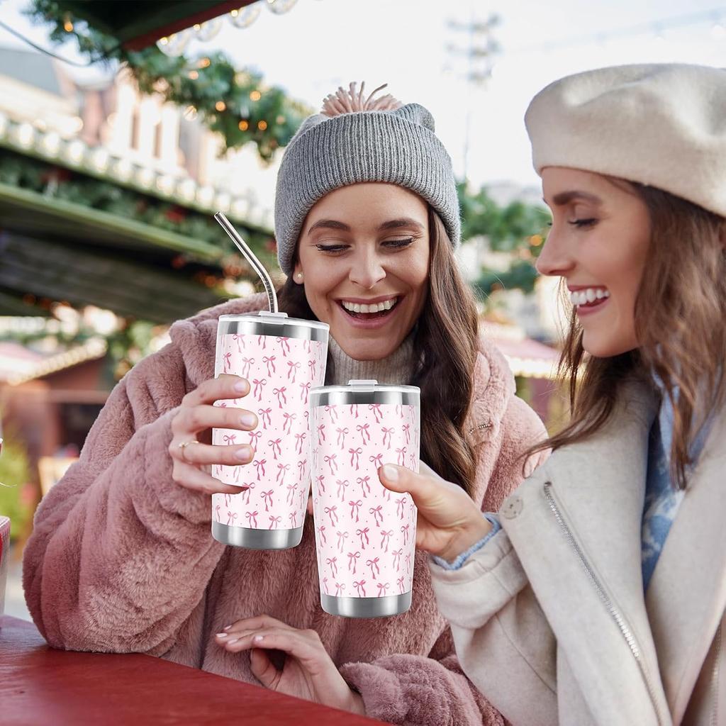 Whaline Pink Bow Tumbler Stainless Steel Travel Tumbler with Lid Straw Brush Coquette Bowknot Coffee Mug Cup for Women Friend Holiday Birthday Party