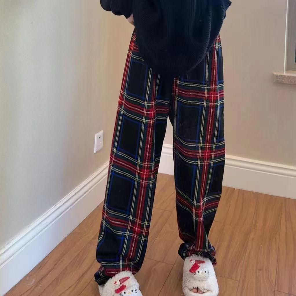 Women's High Waist Plaid Straight Pants Loose Fleece Lined Warm Casual Wide Leg Trousers For Winter Student Daily Commute Wear