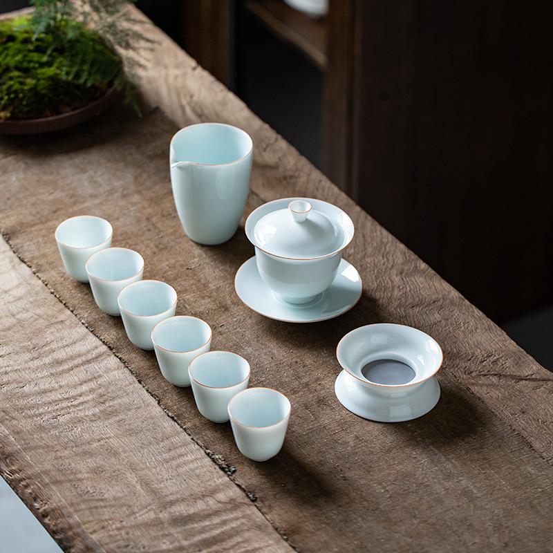 Minimalist White Jade Porcelain Kung Fu Tea Set: Handmade Teacups & Gaiwan Business Gift Default
