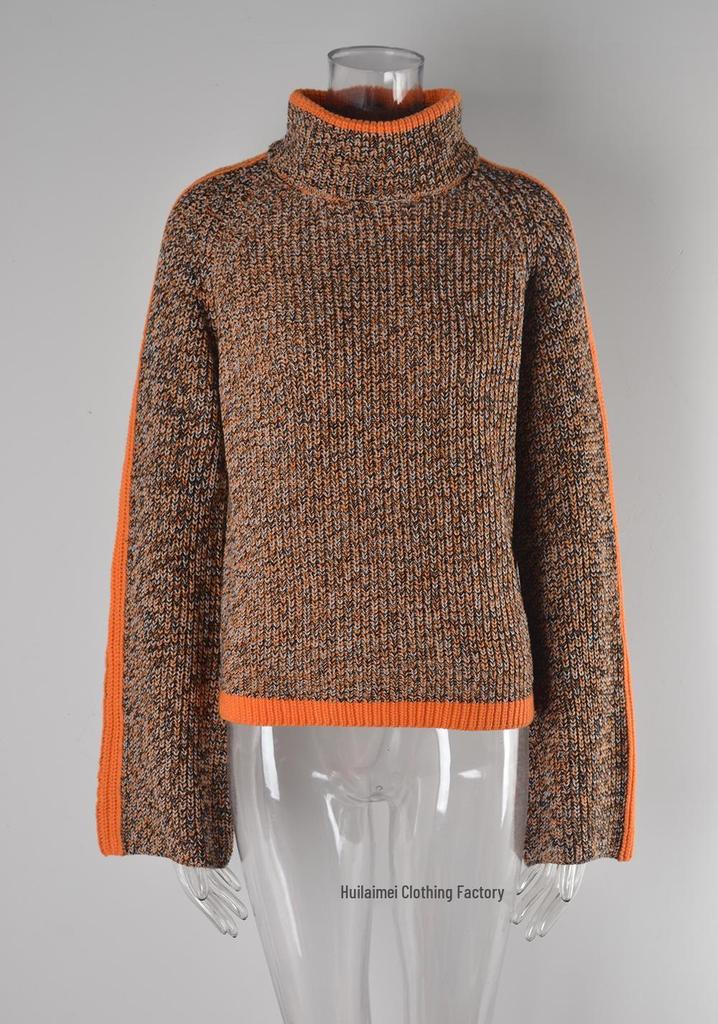 2026 Winter Women's High Neck Patchwork Knit Pullover Sweater - Mixed Color European & American Style