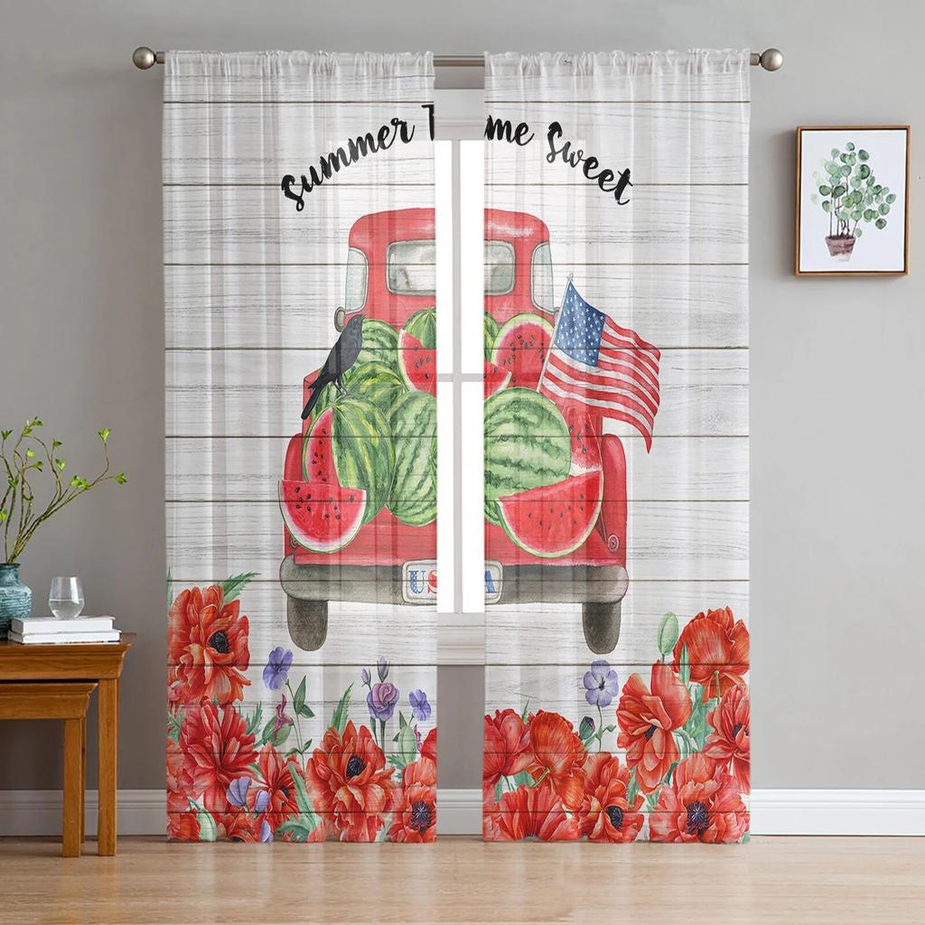 Watermelon Fruit Cartoon Sheer Curtain for Bedroom Tulle Voile Curtain for Kitchen Living Room Decor Window Treatment
