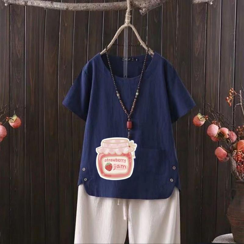 

Футболка из хлопка и конопли с принтом Cartoon Can и V-образным вырезом для женщин - летняя легкая мода 2025 года 4XL темно-синий