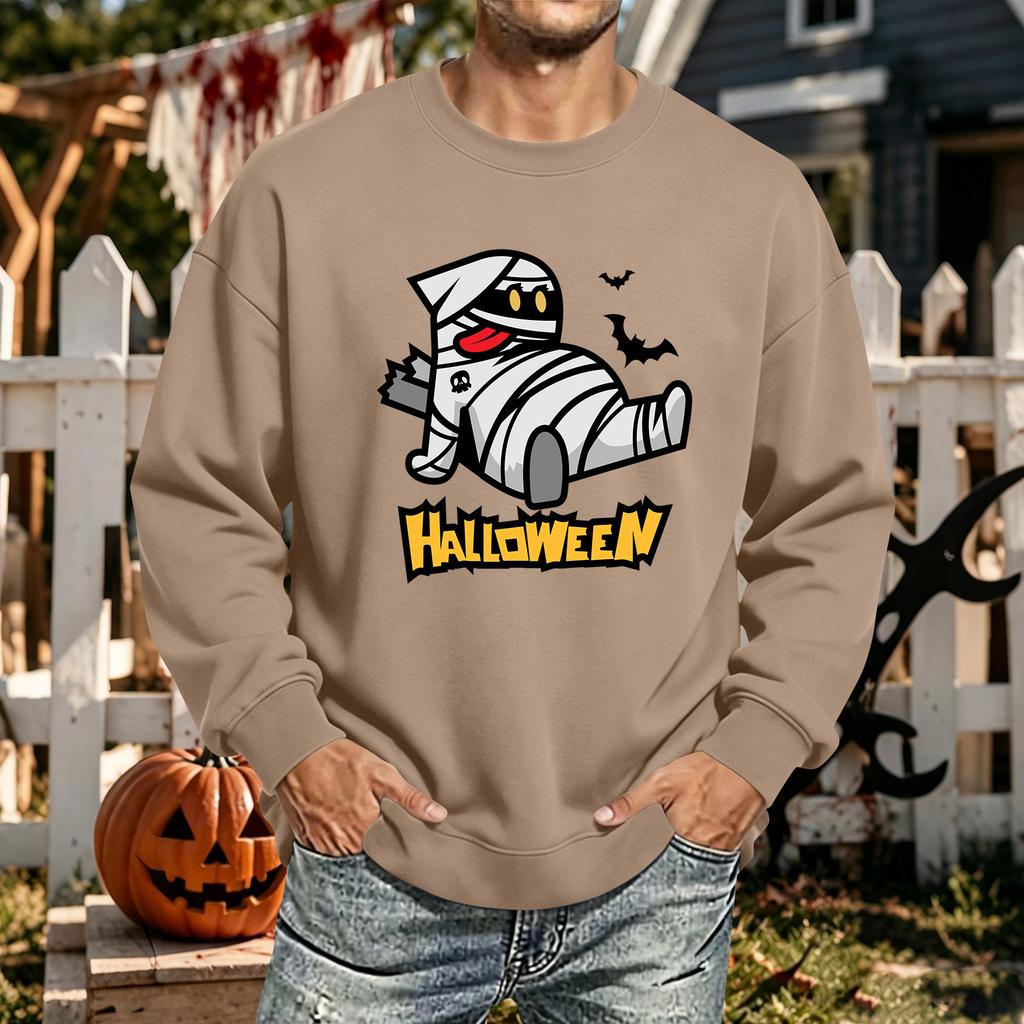 Men's Halloween Printed Long Sleeve T-Shirt Unisex Crewneck Casual Sports Top