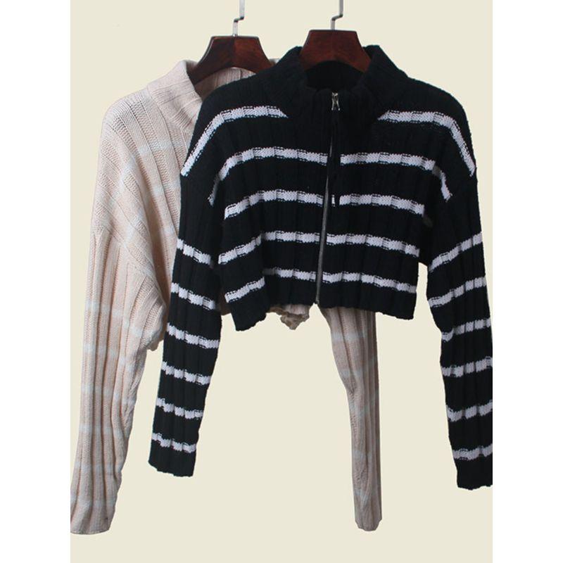 Export Contrast Color Stripes Zipper Short Cardigan Fall and Winter Long Sleeve Color Matching Knitting Sweater Female New Coat
